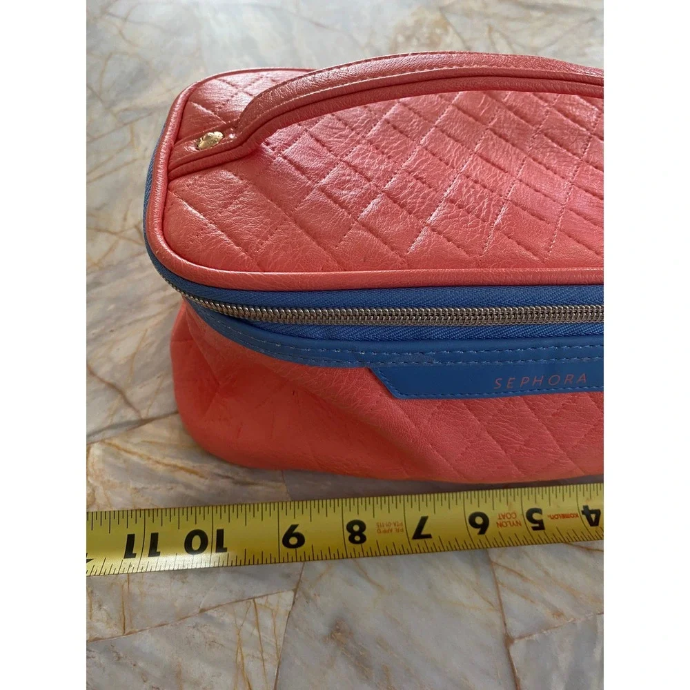 Sephora Quilted Makeup Bag Coral Pink Blue Trim Zippered Travel Train Case